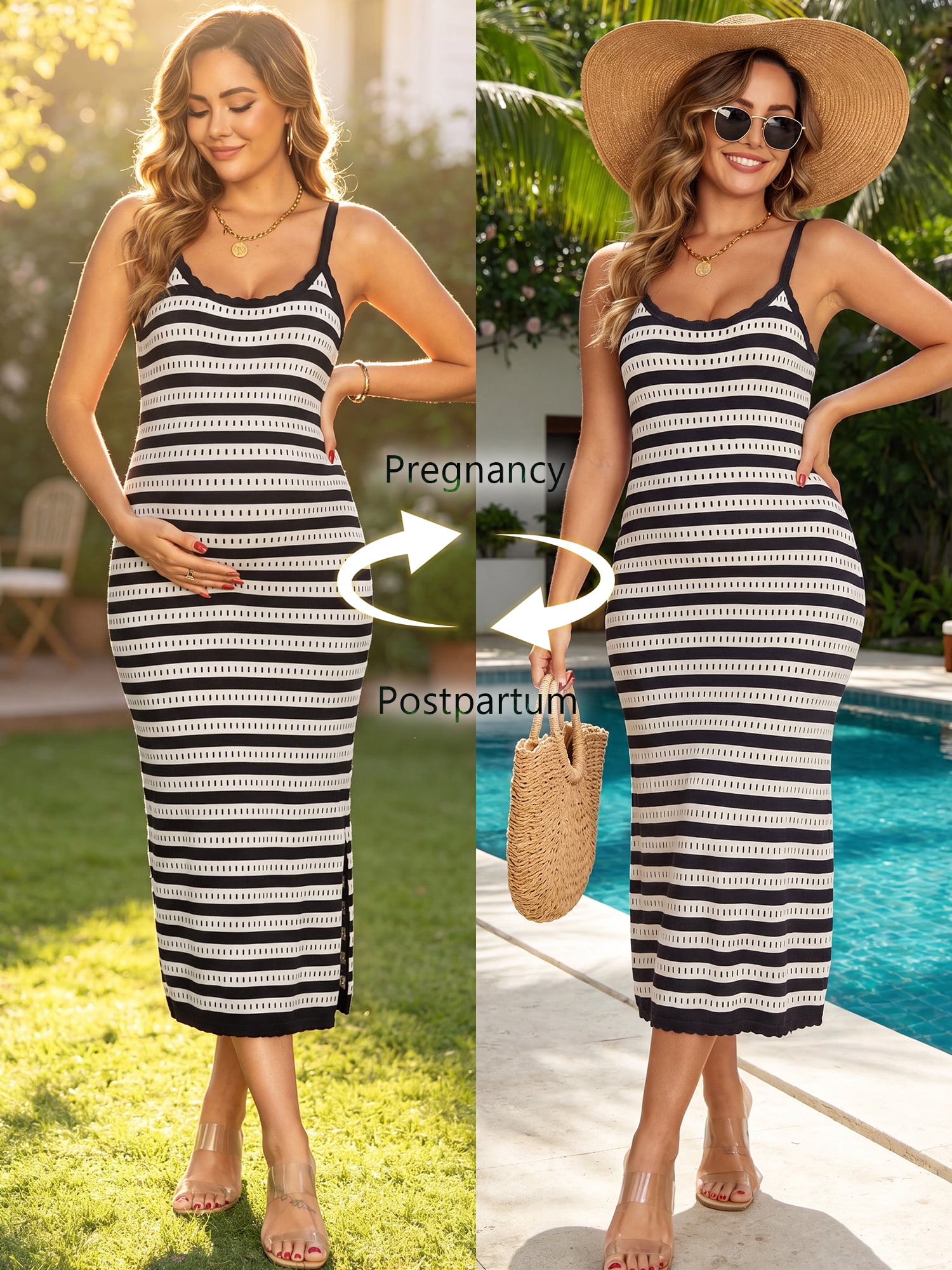 DARING DIVA Women's Maternity Sleeveless Bodycon Knit Striped Midi Dress L Black