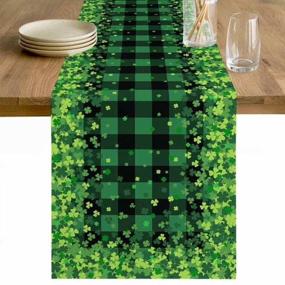 St. Patrick's Day Table Runner - 48 Inch Long Spring Shamrocks Farmhouse Green Checkered Cotton and Linen Blended Dress Scarves Farmhouse Table Runner for Kitchen Dining, Coffee Table, 13" x 48"