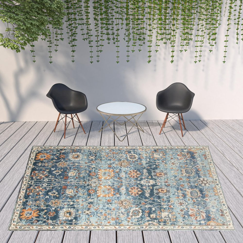 HomeRoots 9' X 12' Blue And Orange Floral Stain Resistant Indoor Outdoor Area Rug