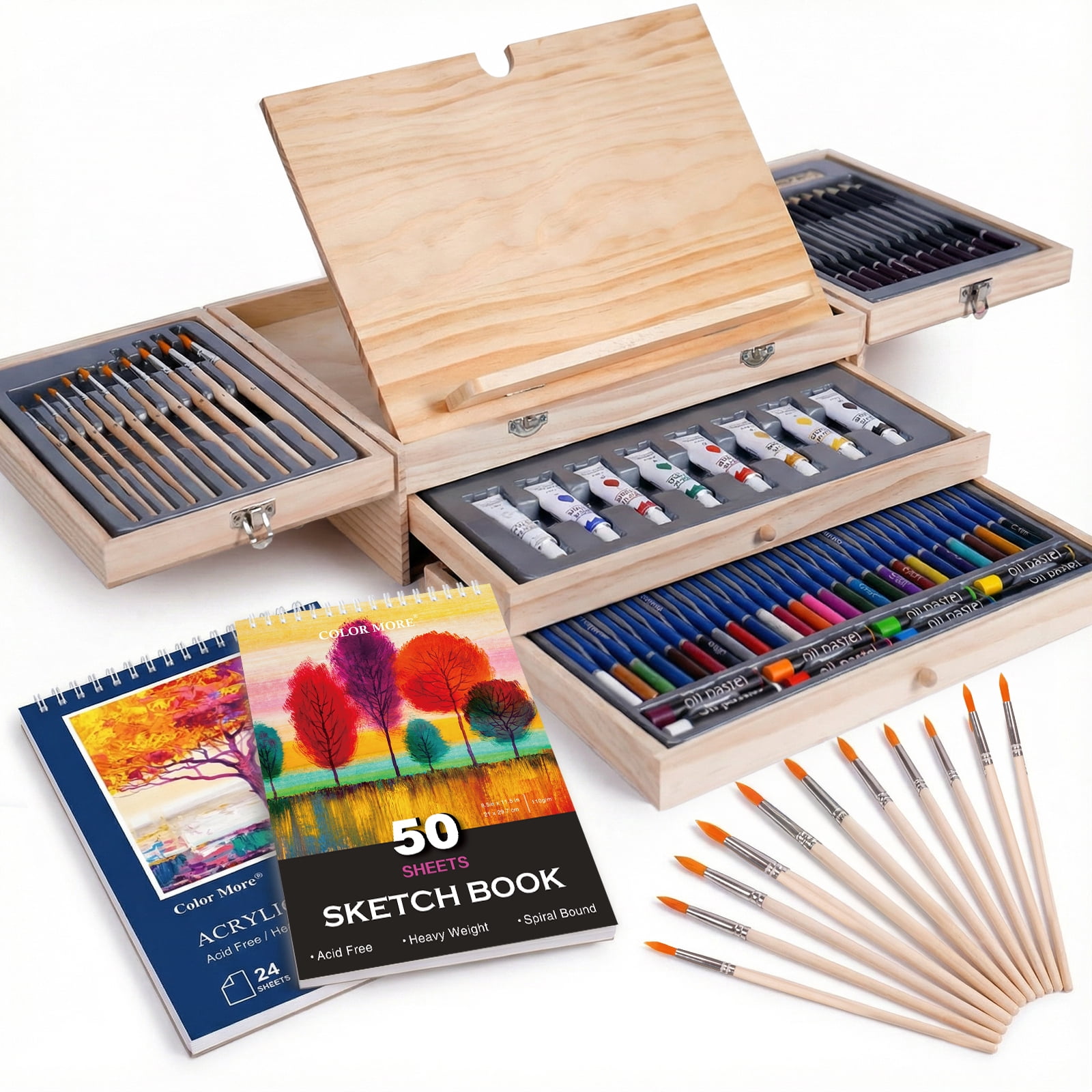 Professional Wooden Tabletop Art Easel for Painting, Acrylic Paint Set with Acrylic Paints, Sketch Pads, Brushes and Palette for Adults, Beginners, Professional, Arts
