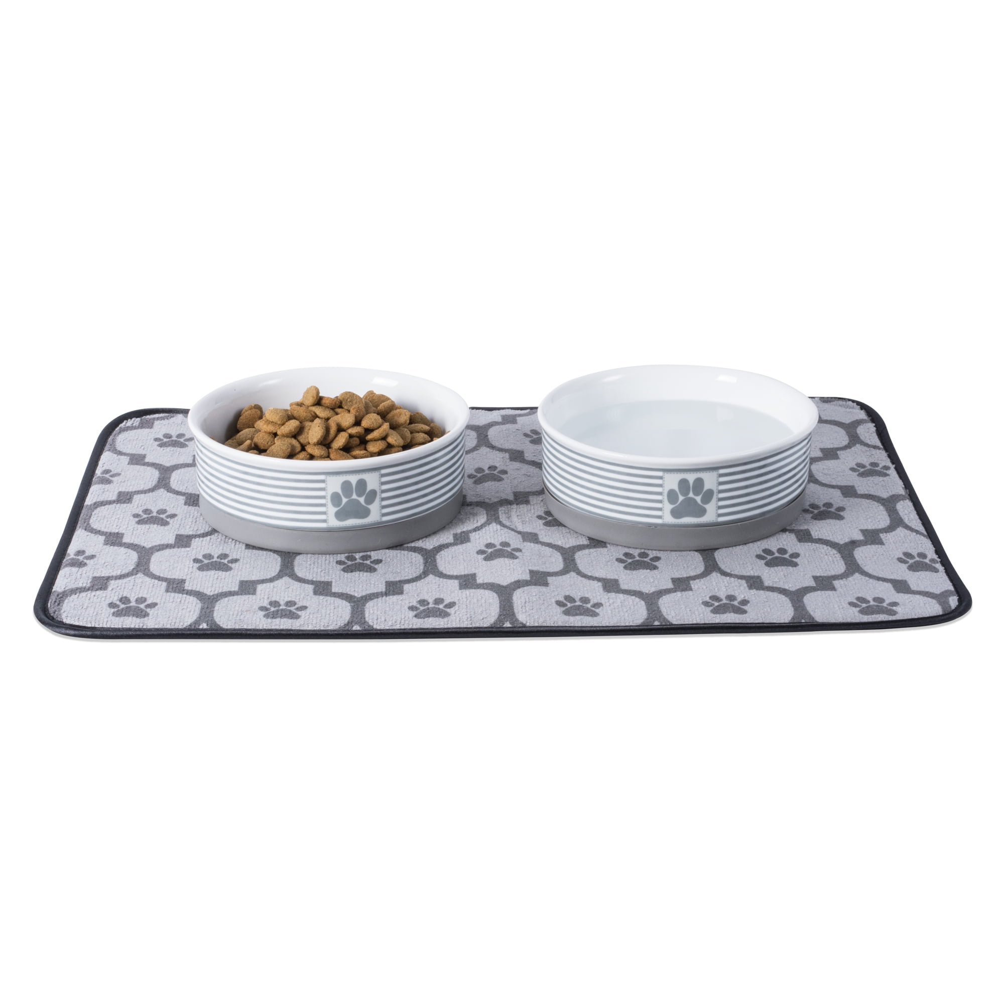 Bone Dry Chevron Ceramic Pet Bowls, Dishwasher Safe, Gray, Medium Bowl Set, 6x2", 2 Count