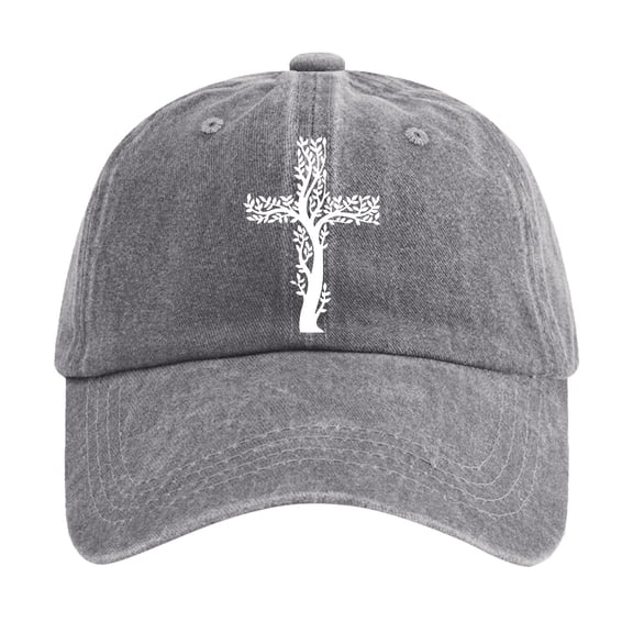 XFeng Tree of Life Cross Embroidery Baseball Cap, Vintage Washed Black Adjustable Faith Casual Dad Hat