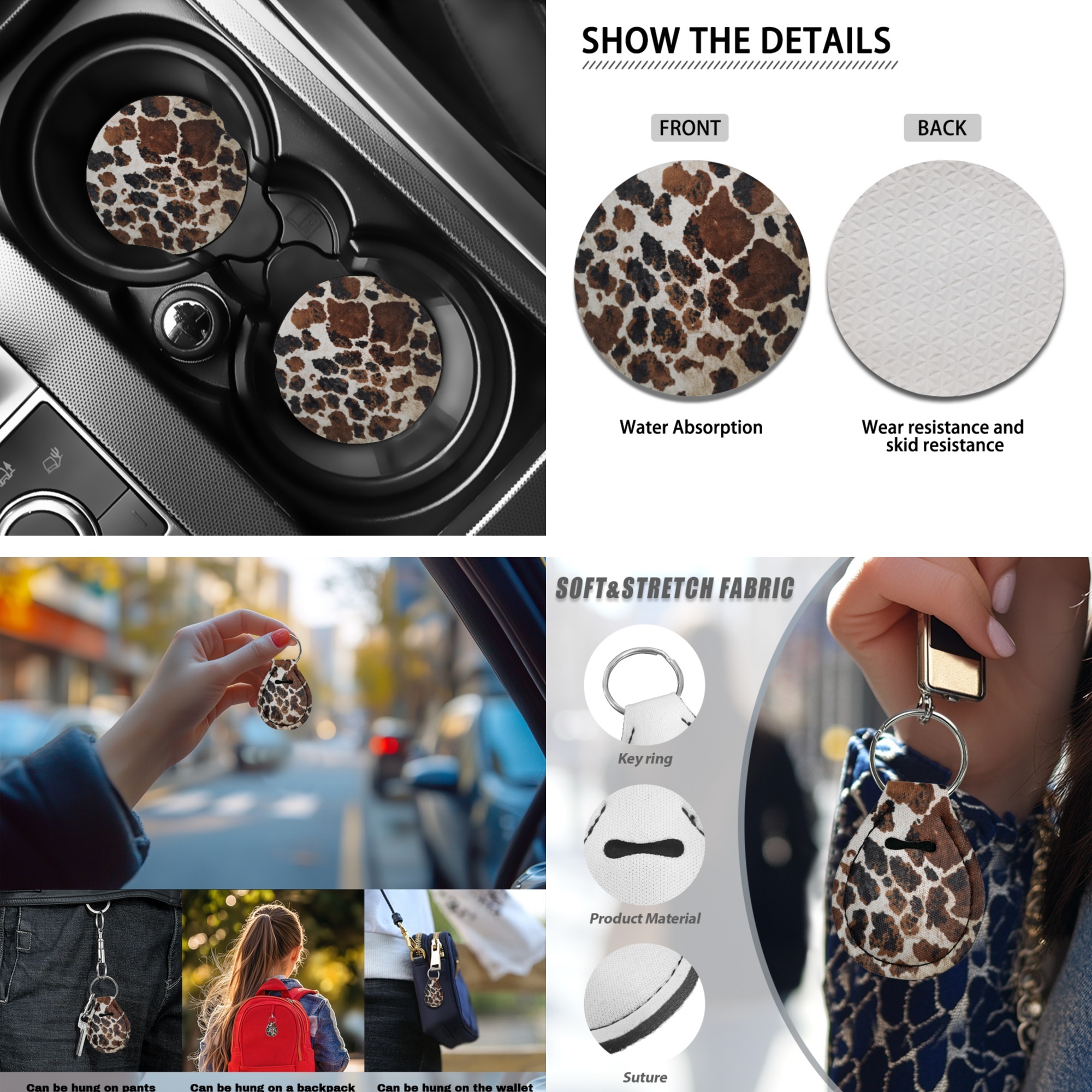 Jeiento Brown Cow Print Auto Seat Cover Full Set 13 Pack Universal Car Accessories Set Steering Wheel Cover Armrest Pad Seatbelt Pad Cup Mat Keychain Fit for Most Vehicles