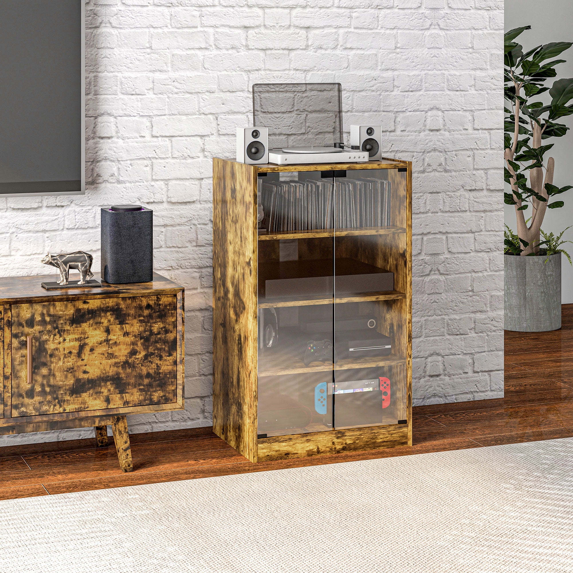 HOMCOM 5-Tier Media Stand Cabinet with Adjustable Shelves and Glass Doors