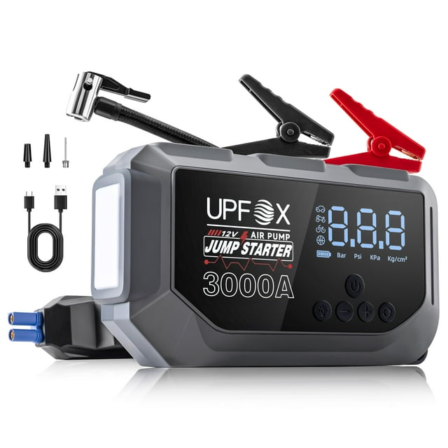 Jump Starter UPFOX 3000A con compresor de aire de 12 V y pantalla LED