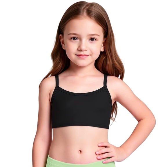 OOOUM Girls Basic Swim Bikini Top Adjustable Spaghetti Strap Solid Color Tank Top Stretch Breathable Layering Vest For Summer Beach Black 8-9 Years