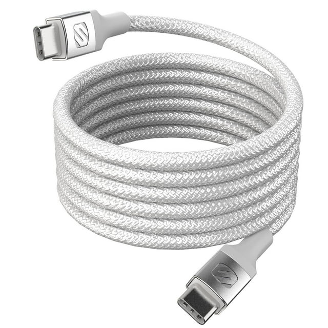 Scosche CCBM6WT-SP Strikeline 60W Câble de Recharge Tressé Magnétique USB-C vers USB-C de 6 Pieds en Blanc avec Connecteurs en Aluminium et Aimants Intégrés pour un Enroulement Sans Enchevêtrement, Conçu pour une Recharge Rapide et un Transfert de Données, Convient aux Espaces de Travail Ordonnés.