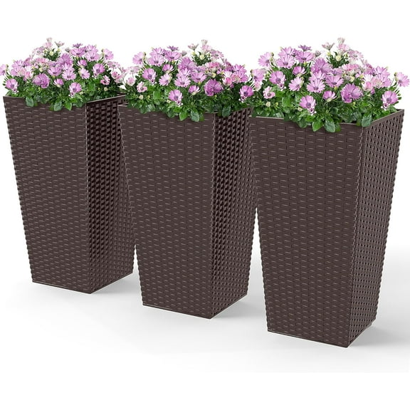 Hyxoo Tall Planters for Outdoor Plants Set of 3, 24 in Taper Planters with Drainage Holes, Rattan Decor Plant Pots for Indoor Outdoor Front Porch Patio Backyard, Brown