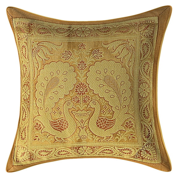 Stylo Culture Indian Sofa Throw Pillow Cover 12x12 Jacquard Beige Gold Square 30x30 cm Living Room Decor Brocade Peacock Zippered Cushion Cover | 1 Pc