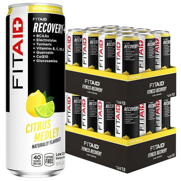 FITAID Recovery Blend, Citrus Medley, BCAAs, Glucosamine, Electrolytes, Omega-3s, 100% Clean, Paleo, Vegan & Gluten-Free, No Sucralose, 12-oz. cans (Pack of 24)