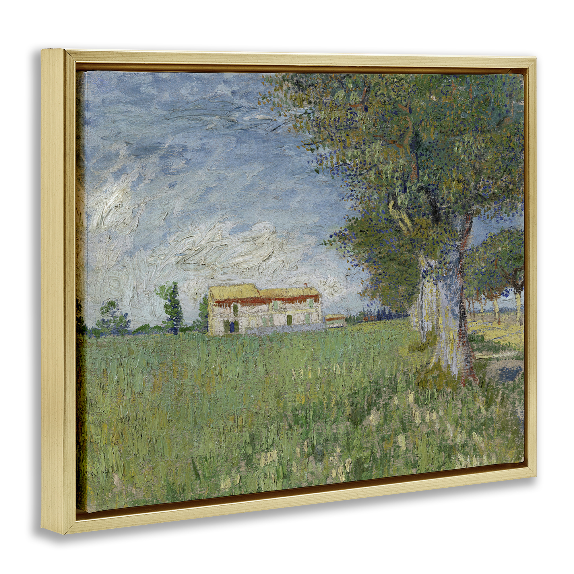 Stupell Industries Van Gogh Farmhouse in Corn Landscape & Nature Painting Gold Floater Framed Canvas Art Print Wall Art, 21 x 17