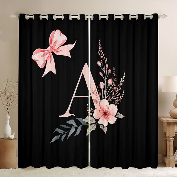 Erosebridal Black Pink Letter A Floral Bow Print Black Out Curtains, Monogram Style Curtains Pack of 2 (42x63 Each) for Girls