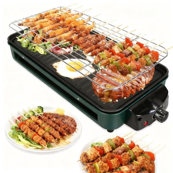 DICEEVIL Electric Indoor Grill, 2 in 1 Portable Smokeless Griddle, Non-Stick Electric BBQ Griddle with Removable Grill Net, 5 Temperature Control for Home Cooking BBQ, Frying, Baking, 1350W