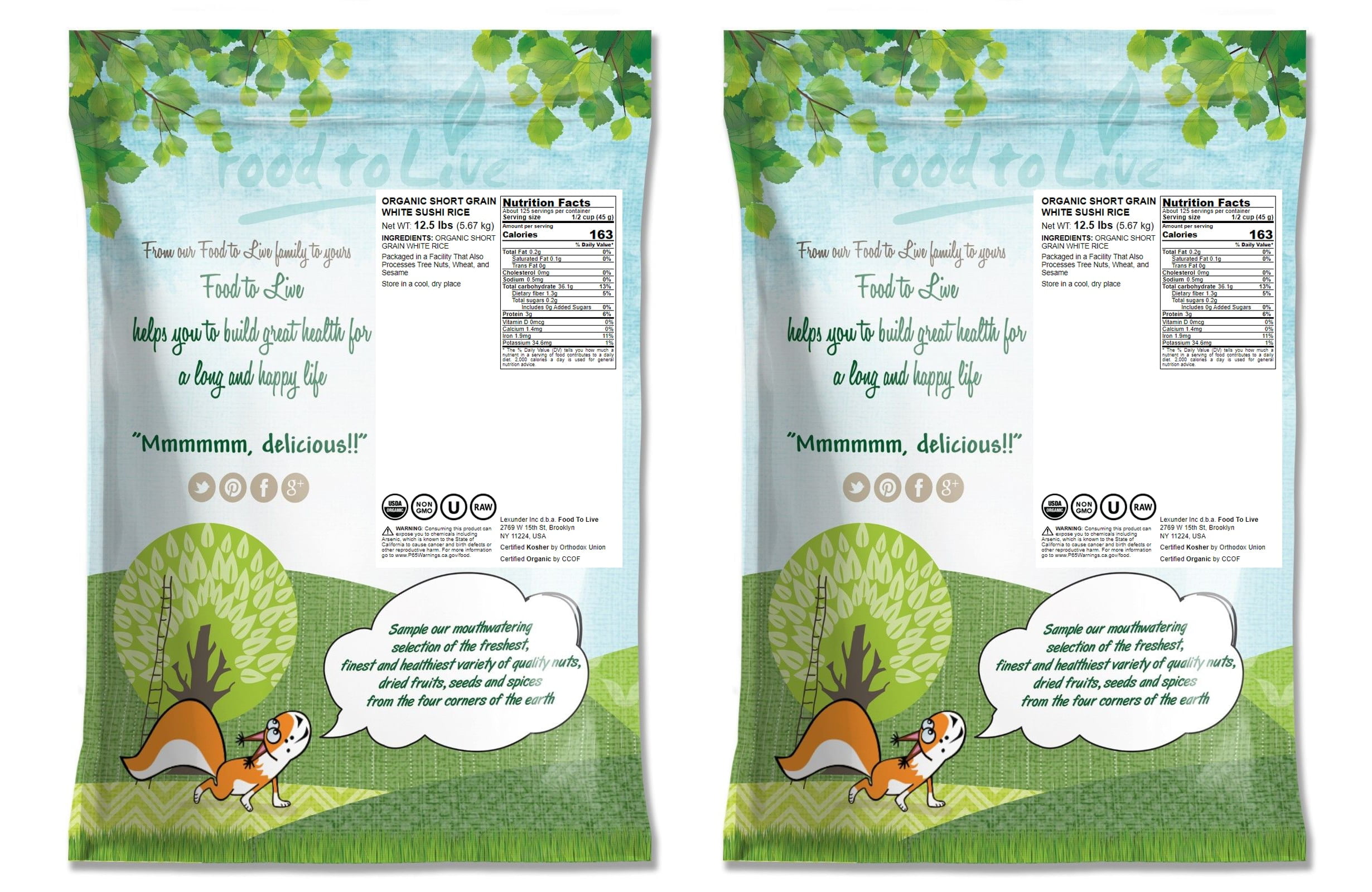 Organic Short Grain White Sushi Rice, 25 Pounds — Non-GMO, Kosher, Raw, Vegan — by Food to Live