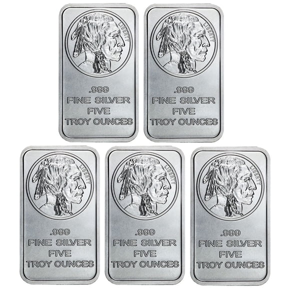 Collectible Lot of 5 - 5 Troy oz Buffalo .999 Fine Silver Bar Sealed