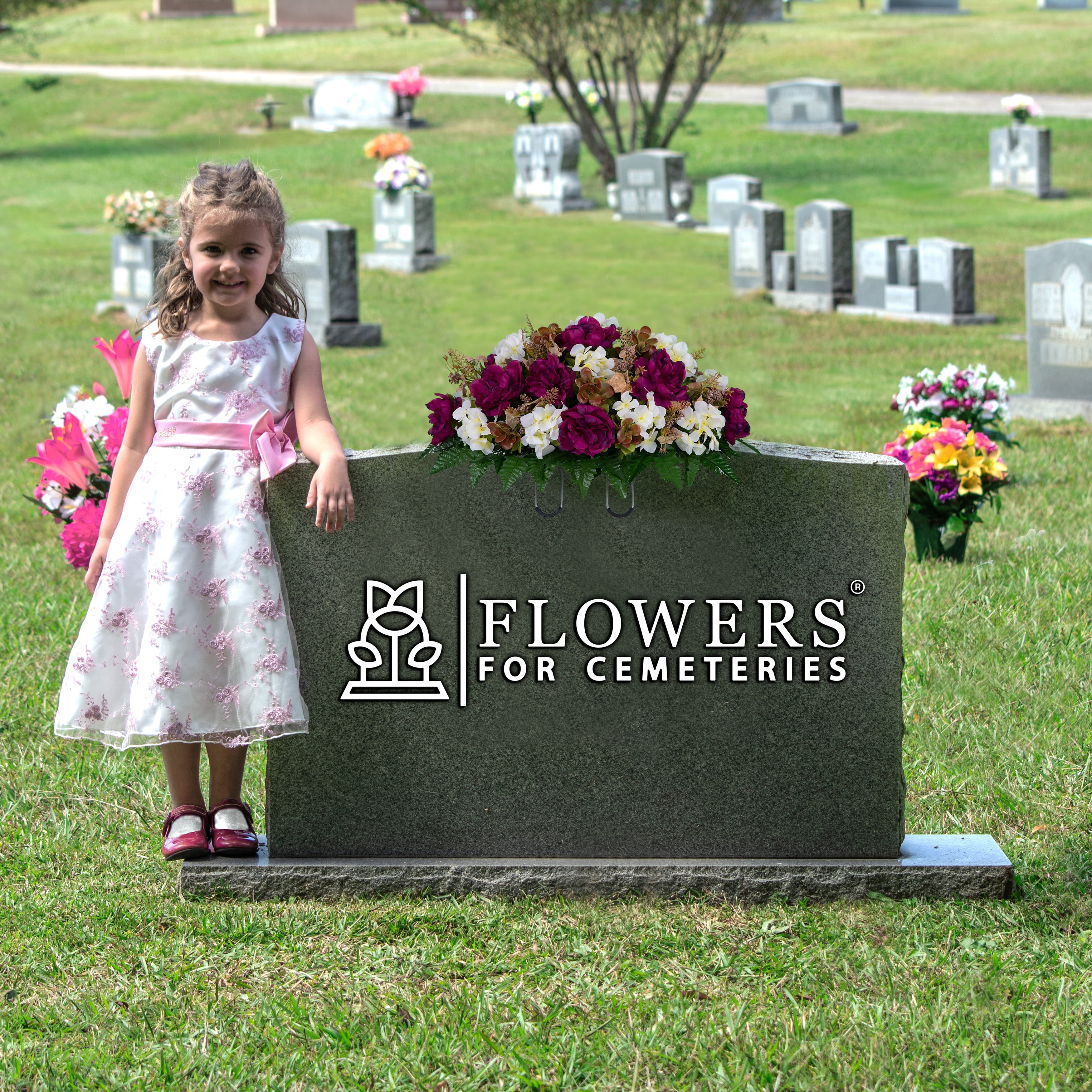 Sympathy Silks Artificial Cemetery Flowers Plum Peony and White Hydrangea Saddle for Headstone