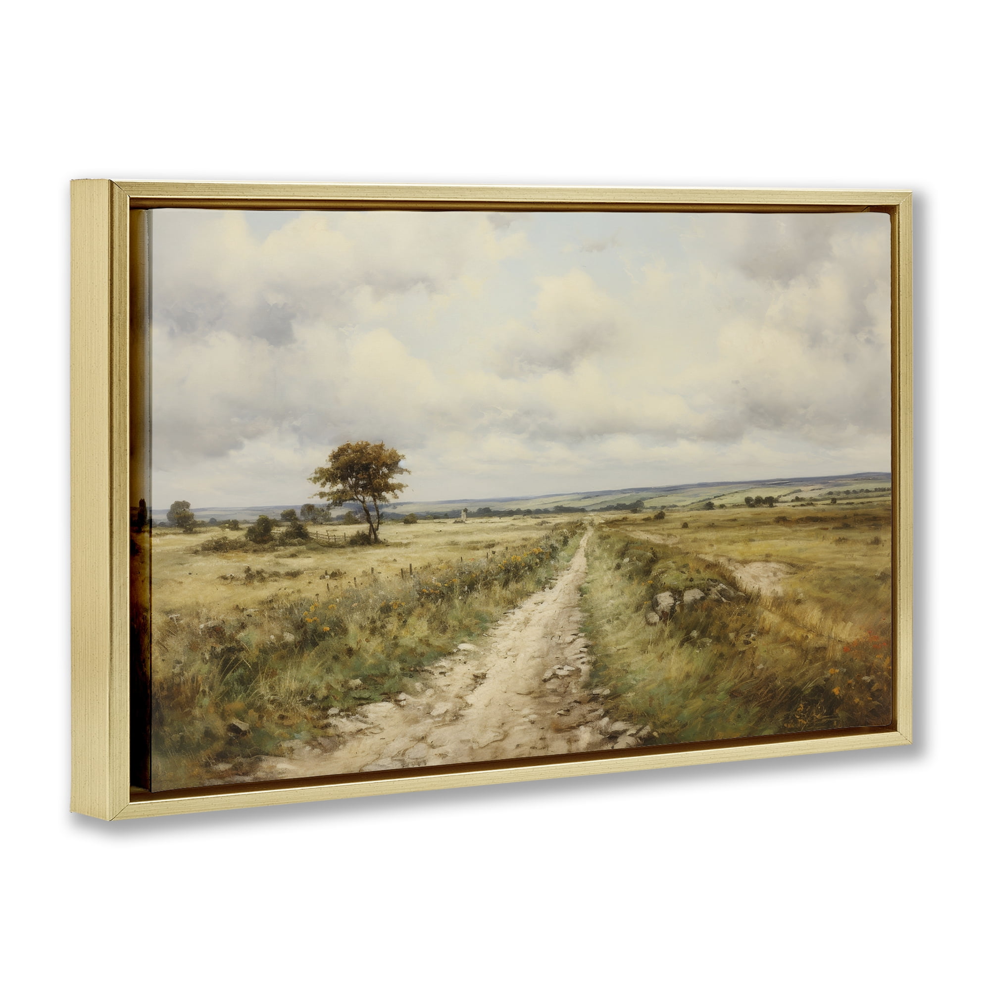 Stupell Industries Rural Farm Road Landscape & Nature Painting Gold Floater Framed Canvas Art Print Wall Art, 25 x 17