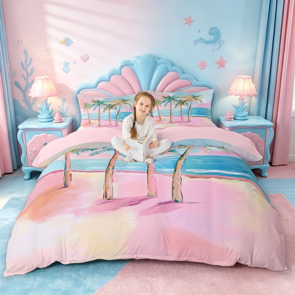 jejeloiu Watercolor Palm Beach Bedding For Girls,Pastel Coastal Art Duvet Cover Full,Pink Blue,Pink Reversible,3pcs,1 Duvet Cover and 2 Pillowcases