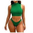 thumbnail image 2 of Trajes de baño para mujer, Trajes de baño para mujer, Traje de baño bikini de tirantes sin espalda de color liso para mujer, Conjunto de bikini con bloques de color y hombros descubiertos, Traje de ba, 2 of 7