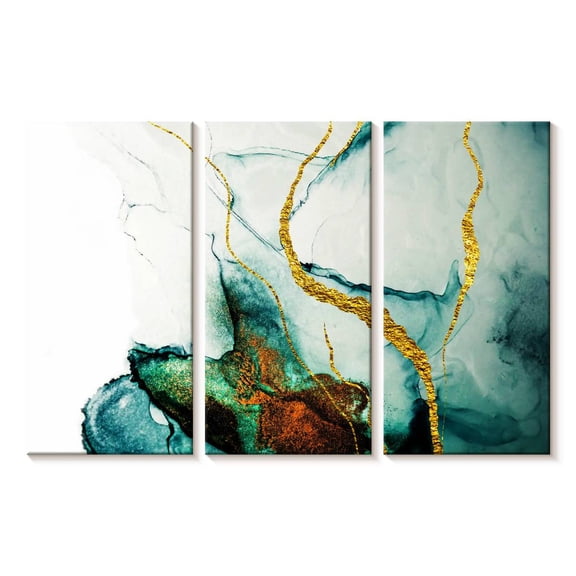 Elephant Stock Abstract Gold Streaks Wall Art - Horizontal Multi Panel Canvas - Living Room Wall Decor - Abstract Multi Panel - White And Teal Decor - 23" x 14"