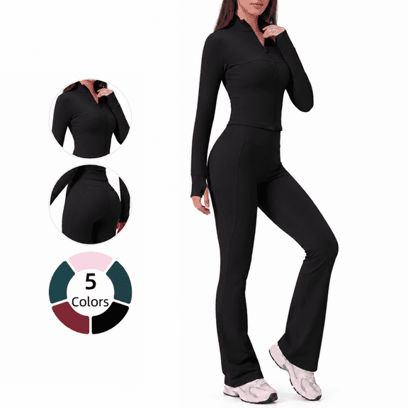 Veballensty Women's 2 Piece Yoga Outfit, Zip Up Long Sleeve Cropped Jacket & High Waist Flared Leggings Workout Tracksuit for Gym Running