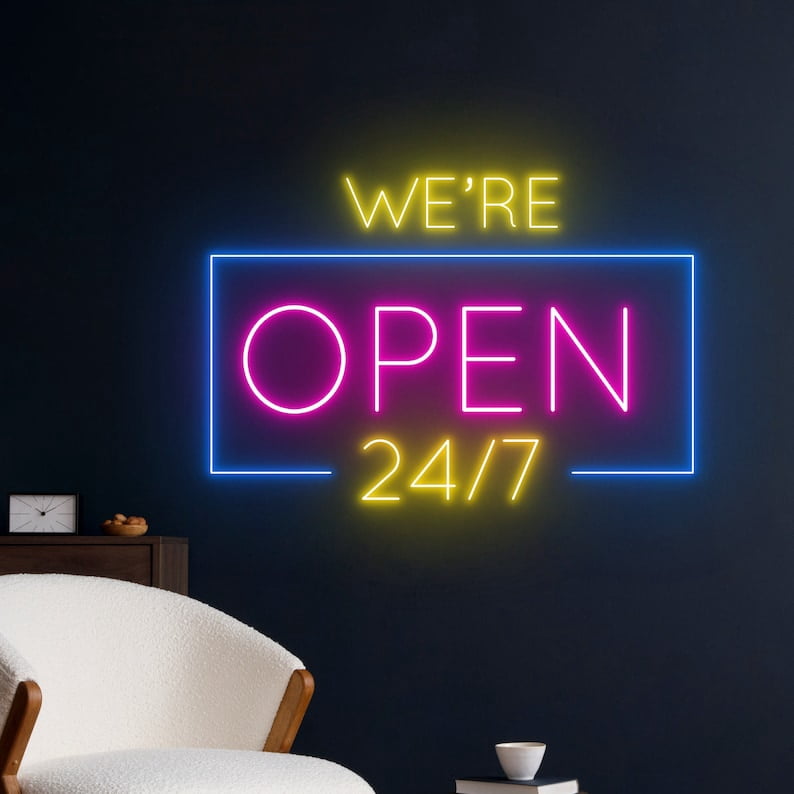 Handmadetneonsign We Are Open 24/7 Neon Sign, Open Logo Wall Art Decor, Welcome Wall Decor