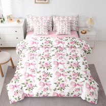 Homewish Romantic Ribbon Bow Twin Bedding Sets 7-Piece for Kids, Spring Pink Rose Floral Bedding Comforter Set, Kawaii Cartoon Reversible Sheet Sets, Ultra Soft Bedroom Decor