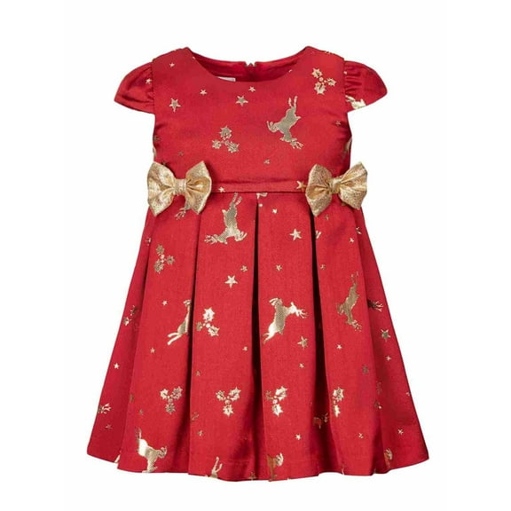 Bonnie Baby Infant Girl's Reindeer Print Short Sleeve Holiday Christmas Dress Red Size 12MOS