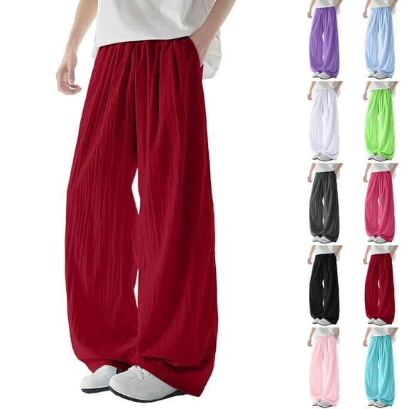 FRSASU Mens Thin Summer Casual Wide Leg Pants Fashion High Waist Long Pants Solid Color Ice Silk Trousers White