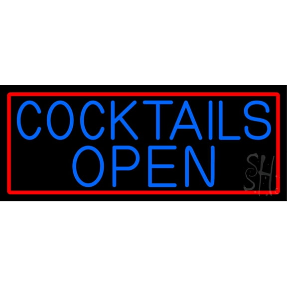 Blue Cocktails Open LED Neon Sign 10 x 24 - inches, Clear Edge Cut Acrylic Backing, with Dimmer - Bright and Premium built indoor LED Neon Sign for Bar decor.