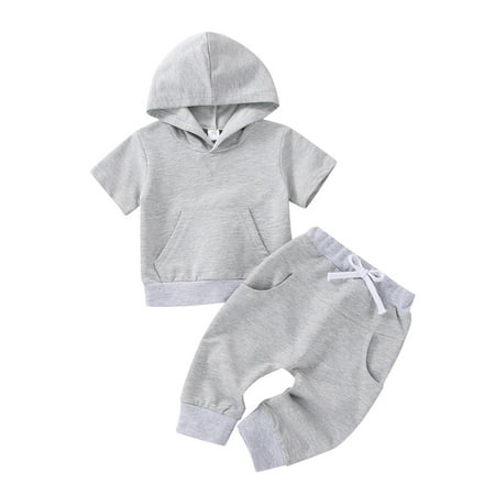 

Children Kids Toddler Baby Girls Boys Clothes Short Sleeve Solid Hoodie Sweatshirt Tops T Shirt Cotton Trousers Pants Outfit Set 2Pcs Clothes