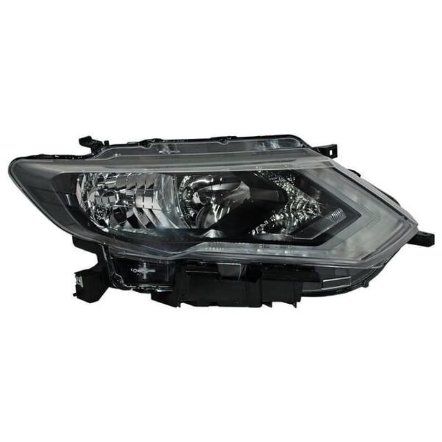 faro principal x-trail 2018 a 2019 nissan lado pasajero c/leds c/motor tyc. Faro derecho para Nissan X-Trail 2018–2019 con lente transparente y reflector multi-segmento, contorno interior oscuro, LEDs integrados y motor eléctrico de ajuste; pieza única mostrada en vista frontal oblicua. Su tamaño compacto lo hace adecuado también para almacenamiento seguro en talleres o envío.