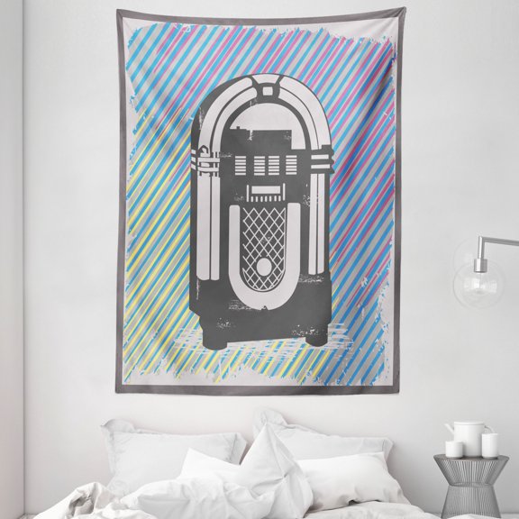 Jukebox Tapestry, Radio Party Dark Grey Vintage Music Box with Abstract Grunge Colorful Stripes Image, Wall Hanging for Bedroom Living Room Dorm Decor, 60W X 80L Inches, Multicolor, by Ambesonne