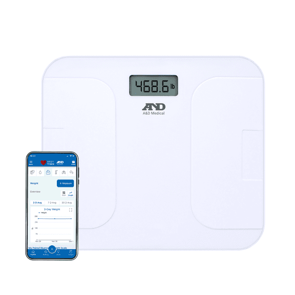A&D Medical Premium  Wireless Wide Base Weight Scale, Bluetooth Smart, 550 lb Capacity, UC-356BLE