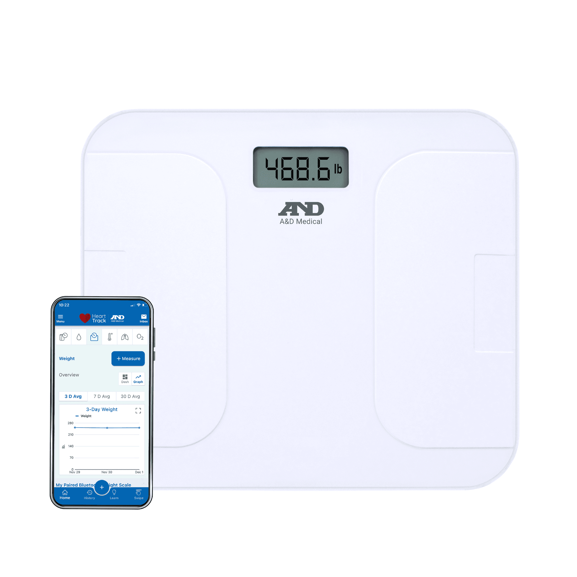 A&D Medical Premium+ Wireless Wide Base Weight Scale, Bluetooth Smart, 550 lb Capacity, UC-356BLE