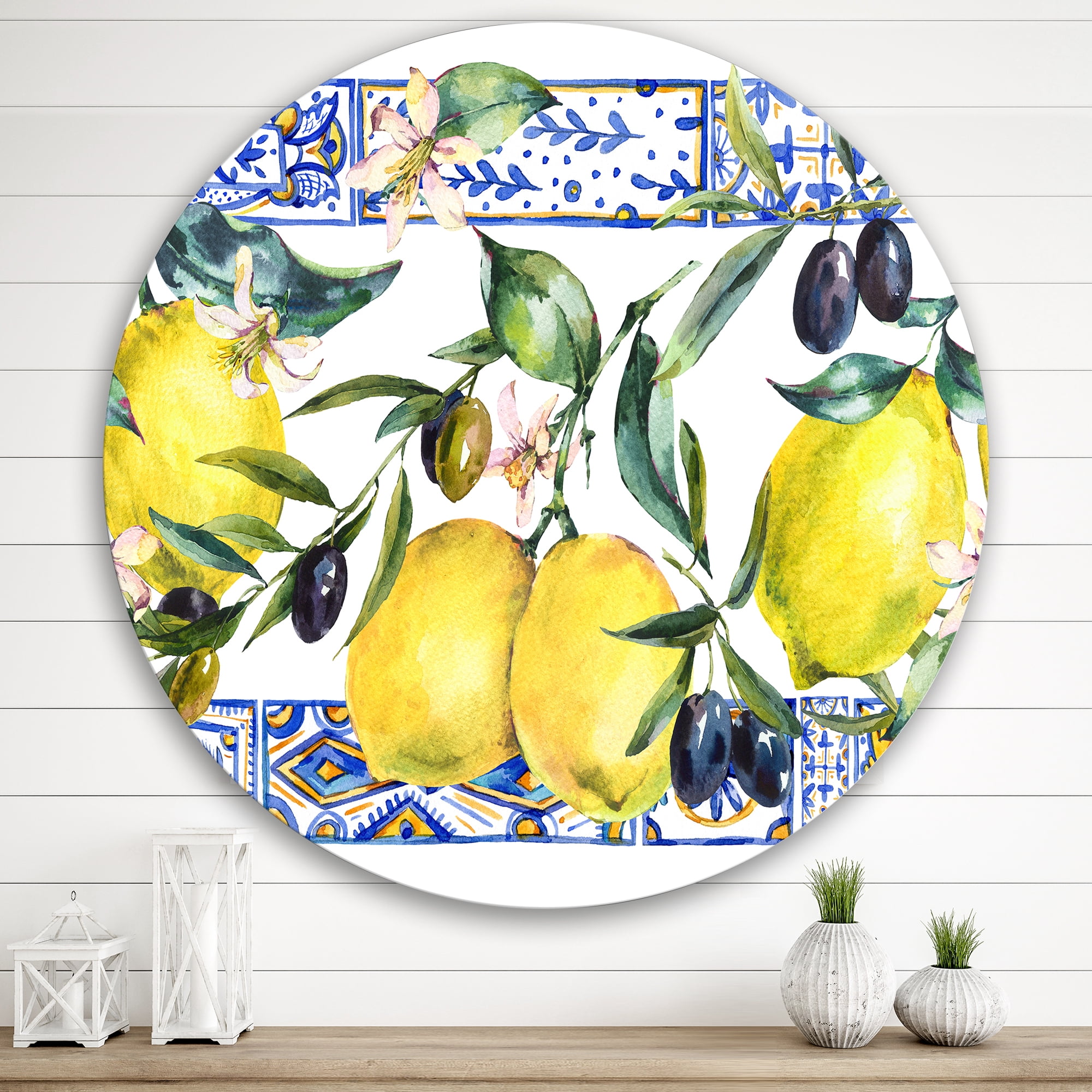 Designart 'Geometrical Pattern of Lemon Ornament On Blue II' Tropical Circle Metal Wall Art 36x36 - Disc of 36