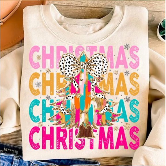 Colorful Glitter Christmas Tree Coquette Sweater, Merry Bright Dalmatian Bow Brushstroke Sweatshirt