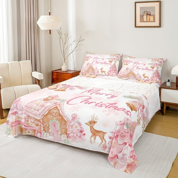 Castle Fairy Animal Deer 3pcs Twin Sheet Sets,Merry Christmas Twin Fitted Sheet,Gingerbread Man Breathable Flat Sheet,Ultra Soft Xmas Home Decor