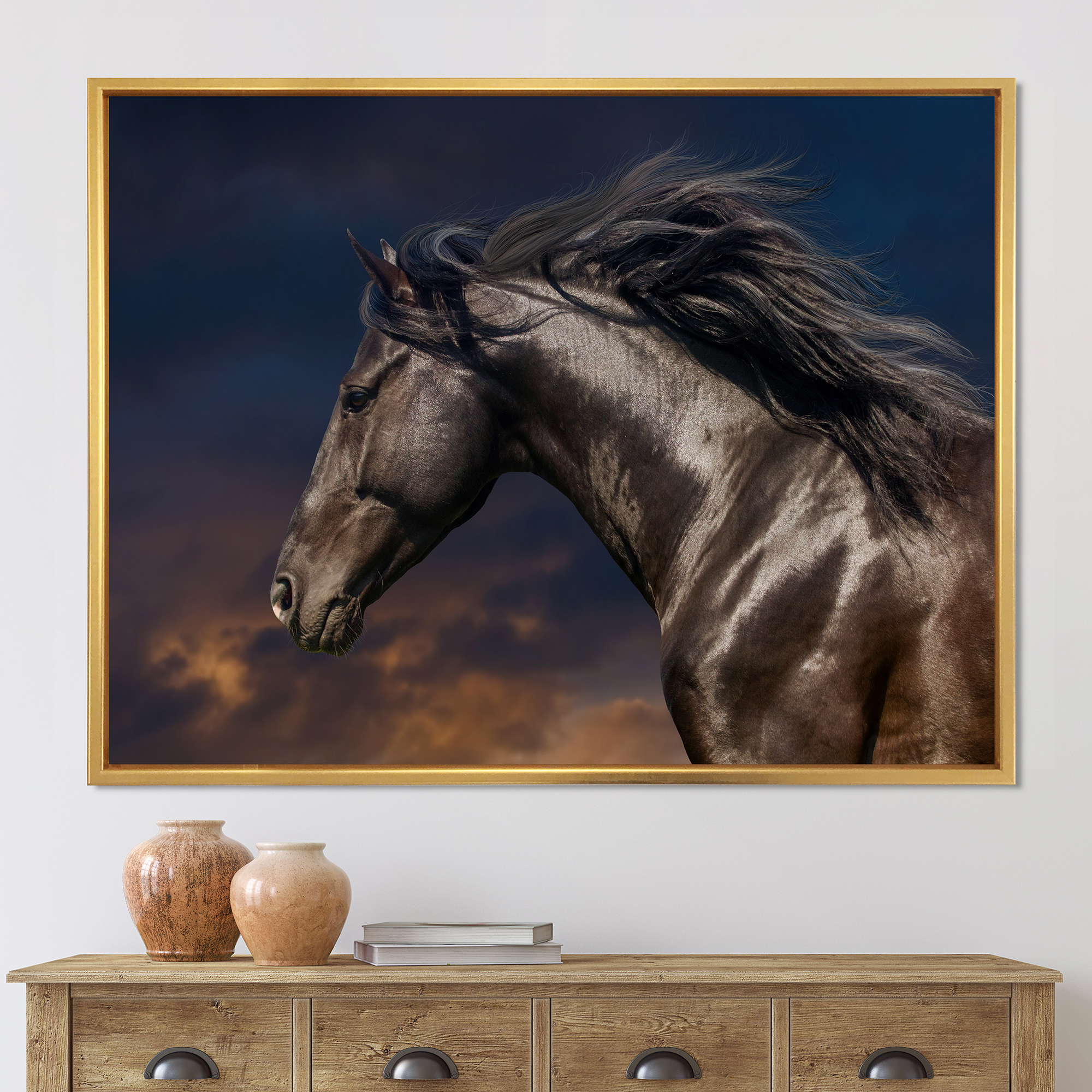 Designart 'Close Up Of Thoroughbred Nonius Stallion Horse III' Farmhouse Framed Canvas Wall Art Print