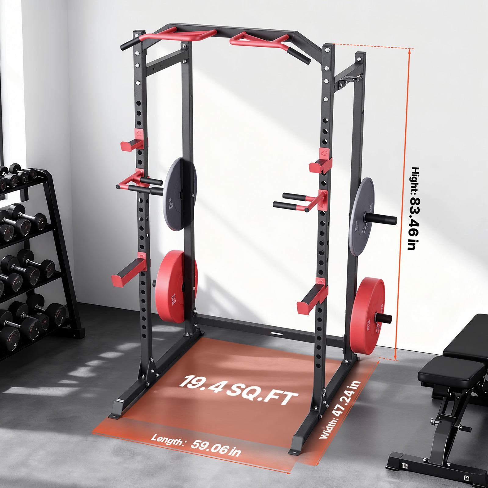 KFFKFF Multifunctional Power Cage Power Rack with Adjustable Height Exercise – 83.46 in, 100.53 lbs, Red