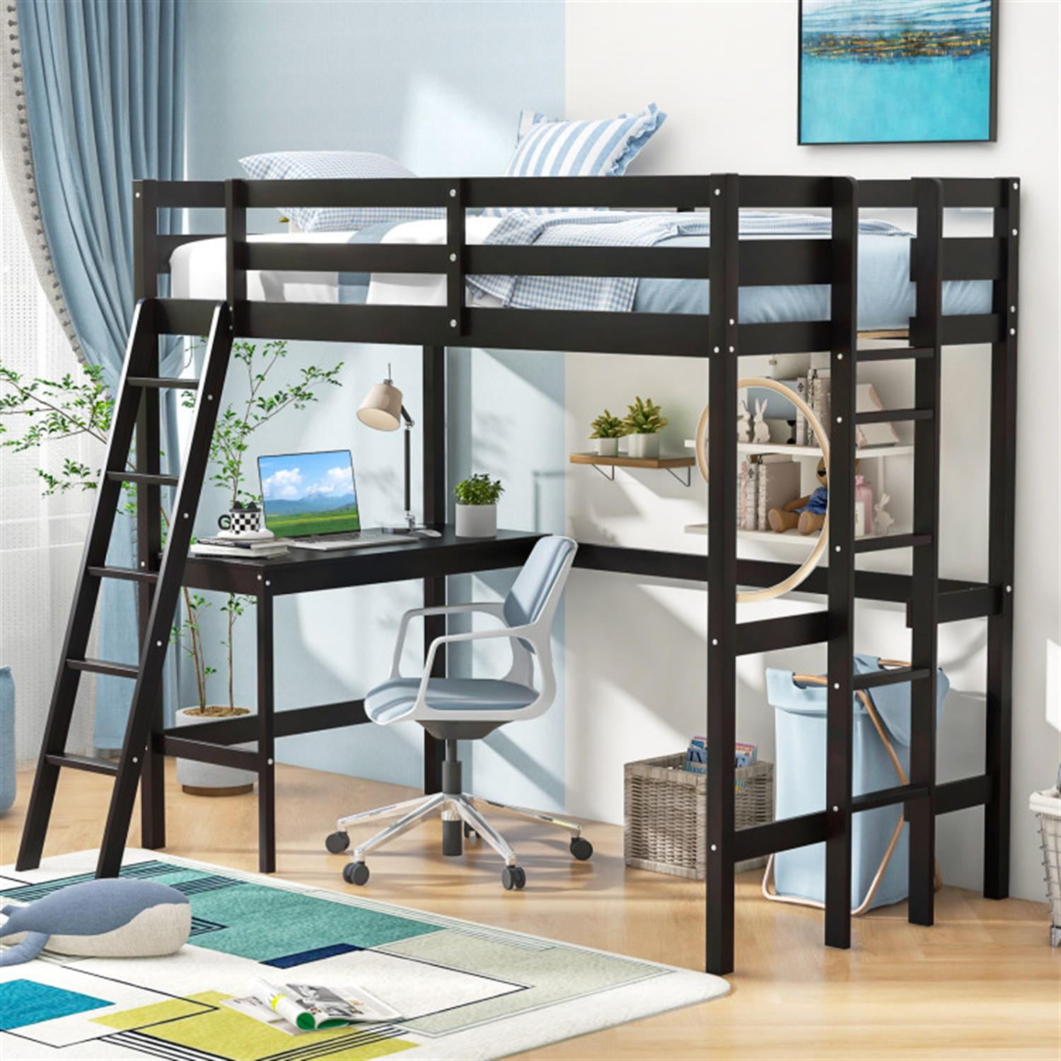Demi Bonn Loft Bed Twin Size, Solid Wood Loft Bed with Desk Angled and Built-in Ladder, Modern Wooden Playhouse Bed Frame, Brown