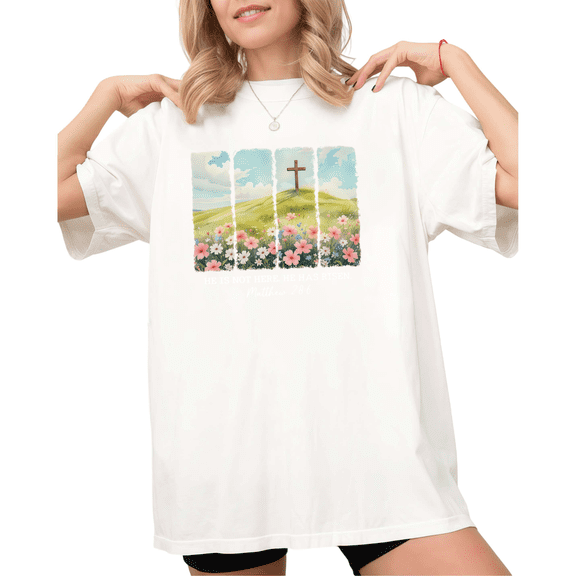 White Print T-Shirt Graphic Tee S-5XL He Is Not Here He Has Risen Matthew 28:6 Print Easter Christian Casual Tops