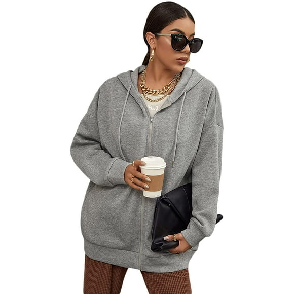 Women's Drop Shoulder Zip Up Long Sleeve Drawstring Hoodie Oversize Coat