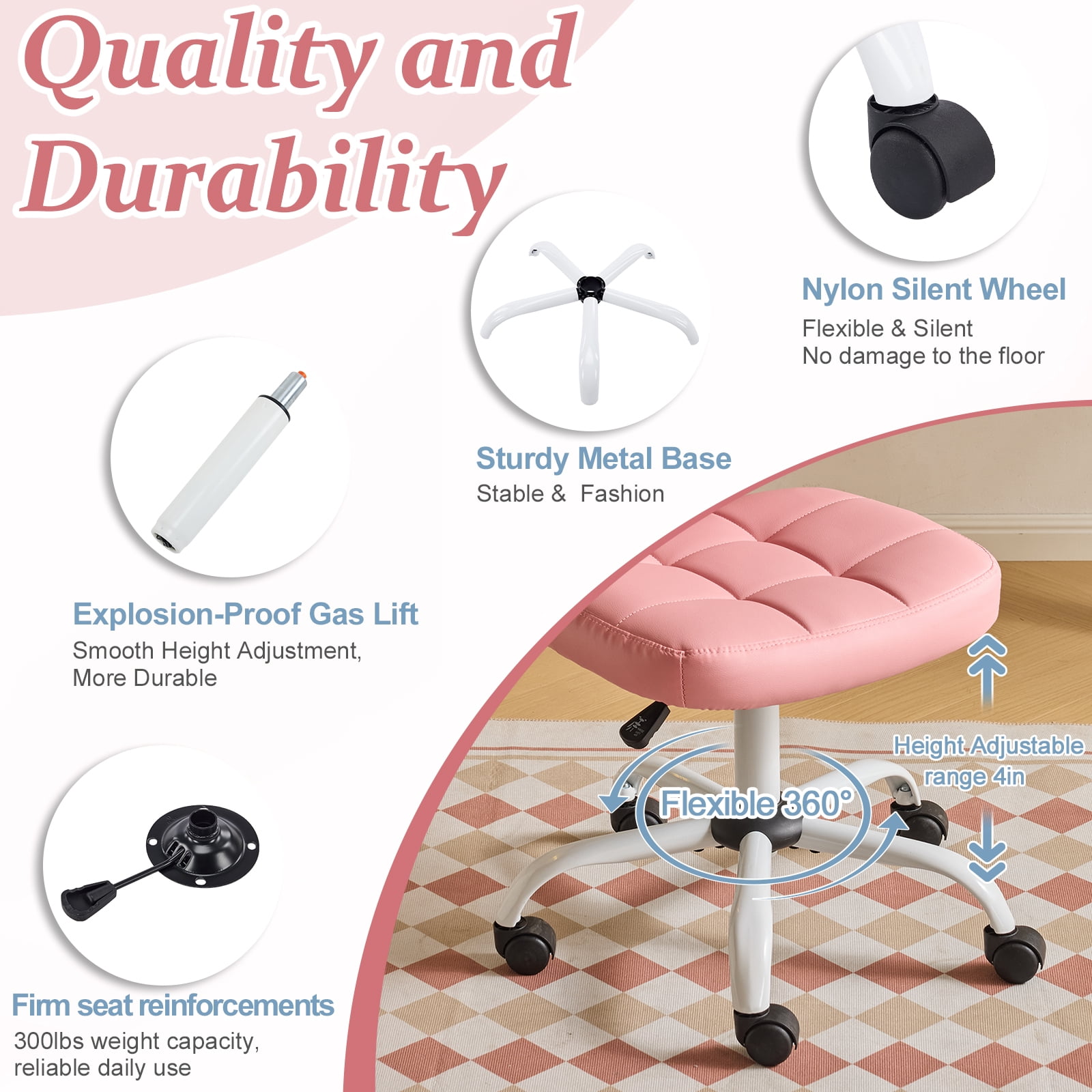 Ktaxon Armless Office Chair with Star Base PU Swivel Task Chair with 9-Grid Design for Study Room or Dressing Area Pink