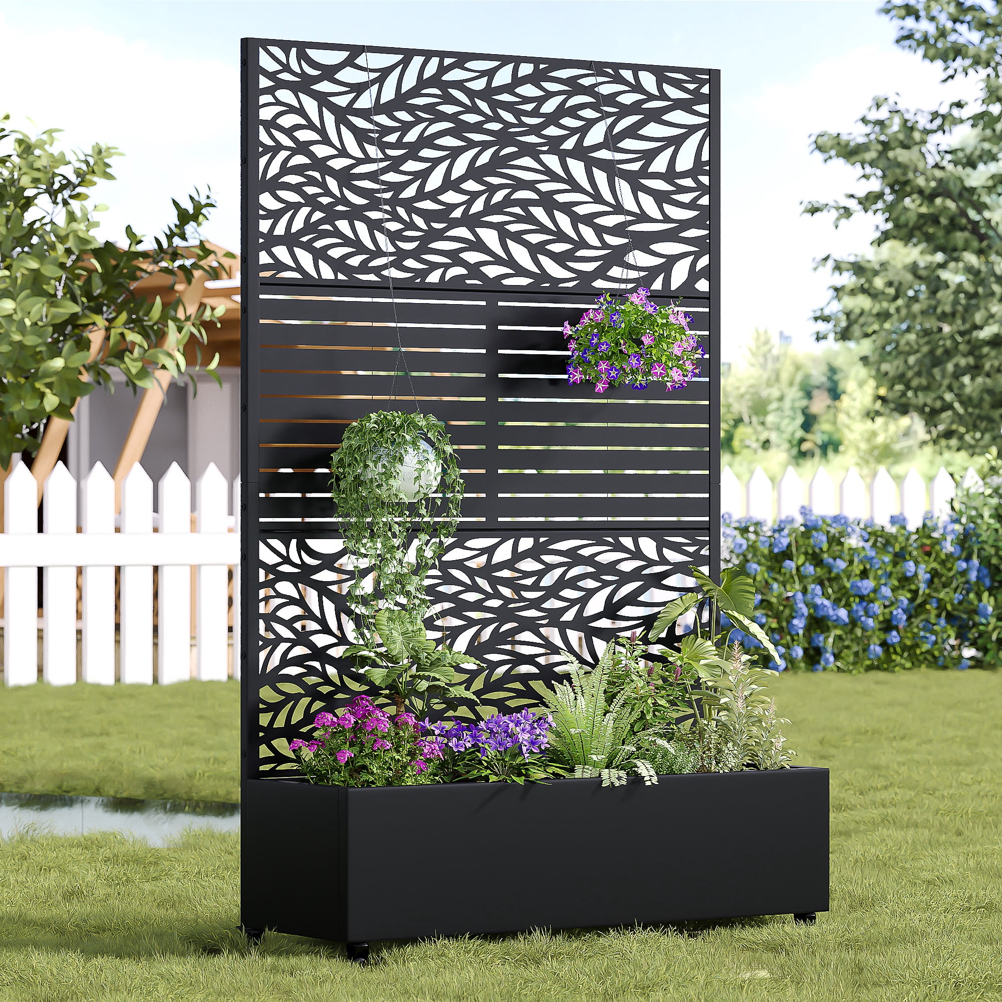MAYEERTY 47*16*72" Outdoor Black Metal Planter Box with Trellis for Climbing Plants, Leafy & Parallel Pattern