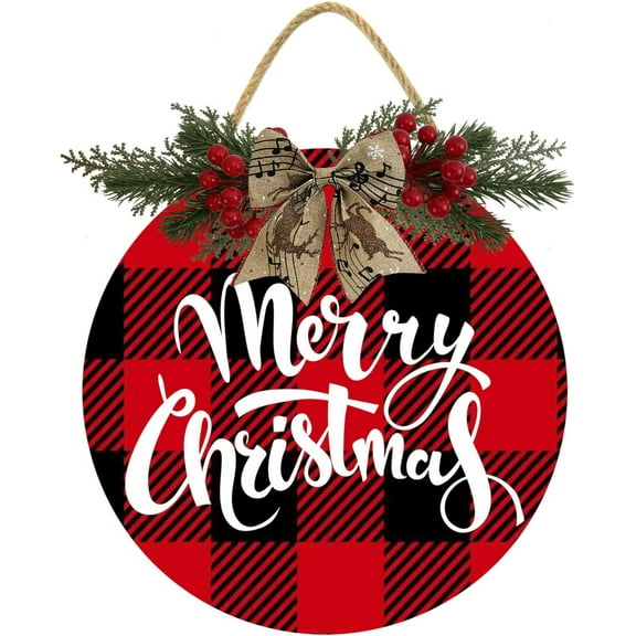 Eveokoki 12" Merry Xmas Wreath Sign, Door Christmas Decorations, Buffalo Plaid Christmas Sign For Front Door Porch Window Wall Farmhouse Indoor Outdoor Home Festival Holiday Decor