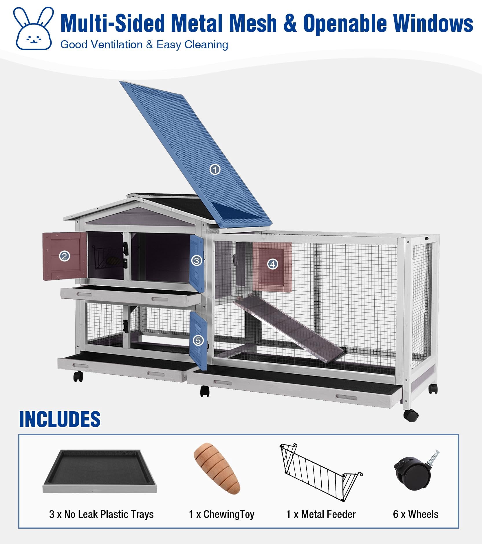 Aivituvin Large Rabbit Hutch Indoor, Bunny Cage Outdoor with Chew-Proof Ramp, 2-Story Guinea Pig Cages with 6 Wheels, 3 Pull-Out Trays, Waterproof Asphalt Roof, 62" L - Gray