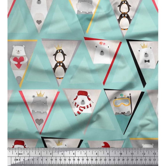 Soimoi Rayon Fabric Triangle,Penguin & Bear Patchwork Printed Fabric 1 Yard 56 Inch Wide