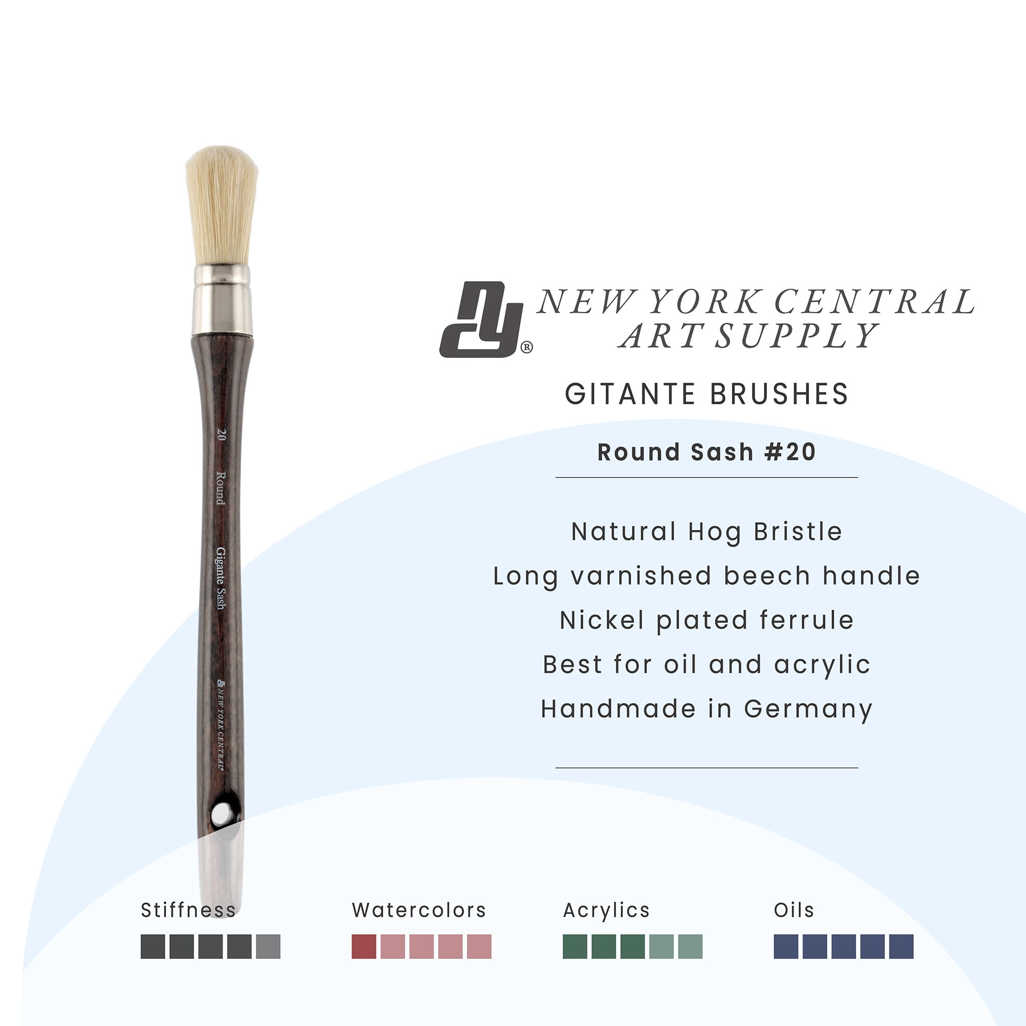 New York Central Gigante Natural Hog Bristle Large Scale Artist Paint Brush, #20 Domed Sash Round, Professional German Handmade Oil Painting Brush w/ Long Handle for Oil, Acrylic & Acryla Gouache