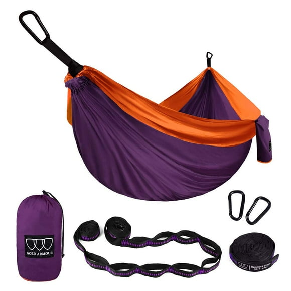 Hamaca de camping Gold Armor – Hamaca doble XL portátil accesorios de camping equipo para exterior interior con correas para árboles, marca con base en Estados Unidos (púrpura y naranja)